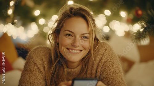 Joyful woman with cozy beige sweater and festive background Christmas lights twinkling around her radiating warmth and happiness in a winter holiday scene photo