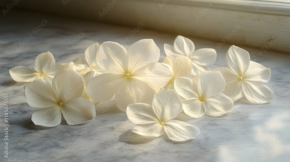 Soft sunlight illuminates a cluster of delicate, creamy-white flowers scattered on a marble surface near a window. Soft sunlight illuminates a cluster of delicate, creamy-white flowers scattered on a marble surface near a window.