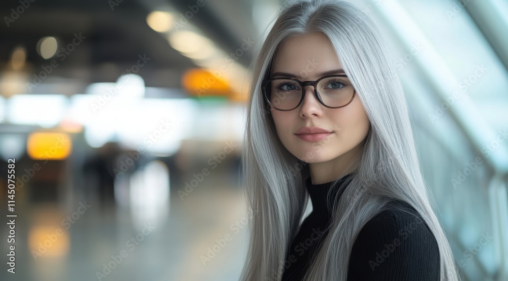 Portrait of Attractive Young Woman with Long Silver Hair, Glasses, and a Warm Smile Portrait of Attractive Young Woman with Long Silver Hair, Glasses, and a Warm Smile