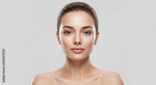 Close up beauty portrait of a laughing beautiful half naked woman applying face cream and looking away isolated over white background
 photo