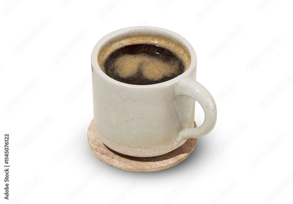 Fototapeta premium A rustic ceramic mug filled with freshly brewed black coffee, resting on a wooden coaster. The smooth, earthy texture of the mug complements the rich, dark tones of the coffee.