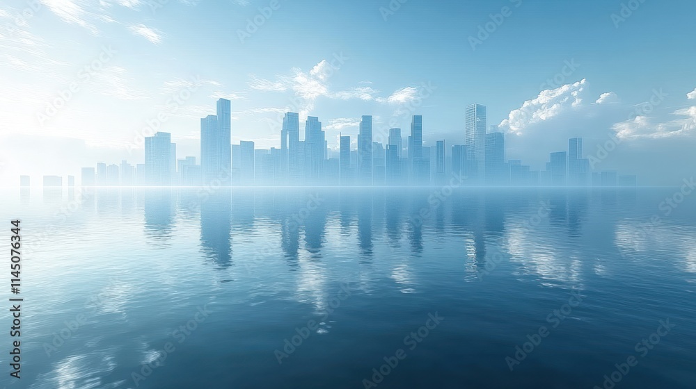 Misty city skyline reflected in calm water at sunrise. Misty city skyline reflected in calm water at sunrise.