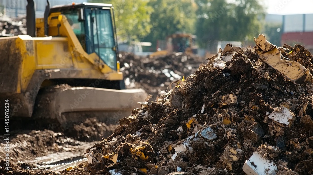 Fototapeta premium Bulldozer moving pile of dirt and debris at construction site.