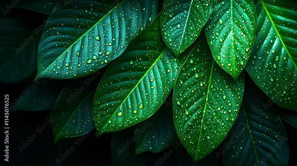 Fototapeta premium Lush green leaves with water droplets, dark background.