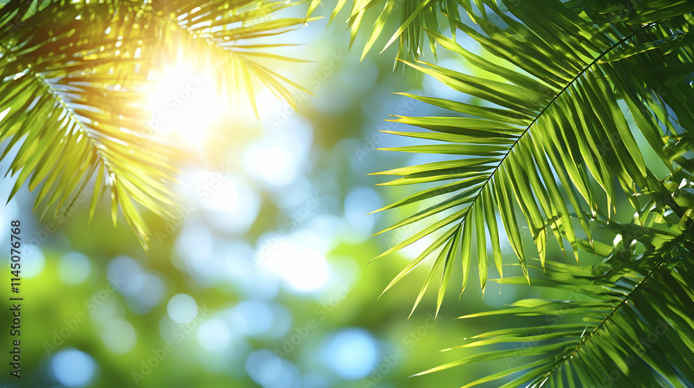 Obraz premium Lush green palm leaves backlit by bright sunlight.