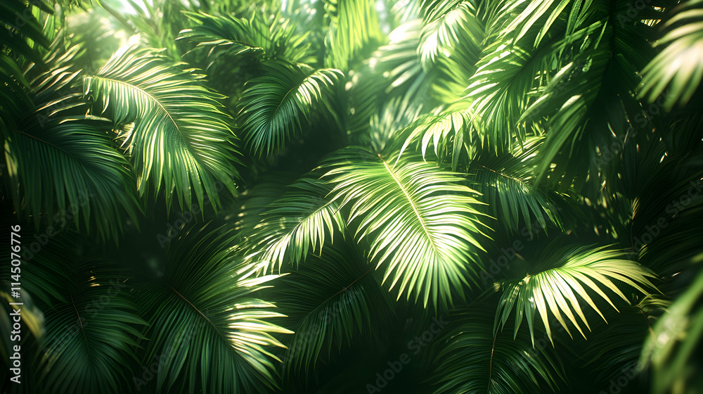 Lush green palm leaves backlit by sunlight in a tropical rainforest.
