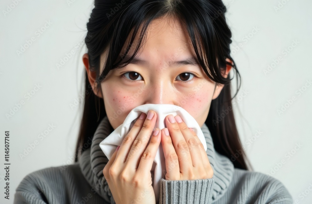 Asian woman with a cold and fever blows her nose into a handkerchief, close-up, white background Asian woman with a cold and fever blows her nose into a handkerchief, close-up, white background