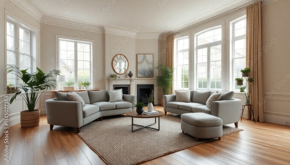 A townhouse living room with light wooden skirting boards, neutral-toned sofas, and large windows to bring in lots of natural light A townhouse living room with light wooden skirting boards, neutral-toned sofas, and large windows to bring in lots of natural light
