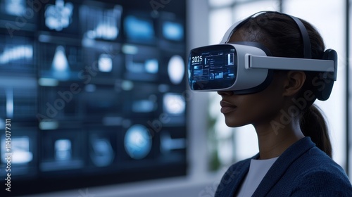 Businesswoman wearing vr headset analyzing data in modern workspace