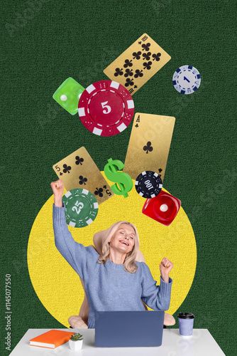 Composite trend artwork sketch image photo collage of aged woman sit armchair relax egame laptop gambling card game player lucky vegas photo