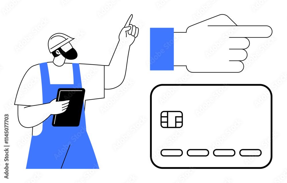 Construction worker in blue overalls and helmet holding a tablet, large hand pointing to a credit card. Ideal for construction, finance, payment systems, project management, online transactions Construction worker in blue overalls and helmet holding a tablet, large hand pointing to a credit card. Ideal for construction, finance, payment systems, project management, online transactions