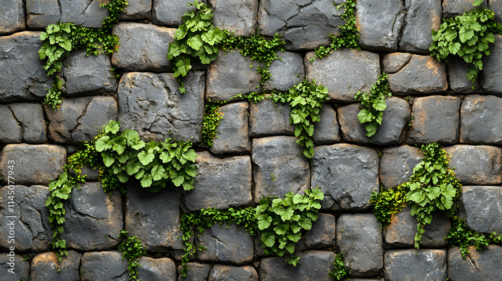 Obraz premium Stone wall texture with green plants growing in the cracks.