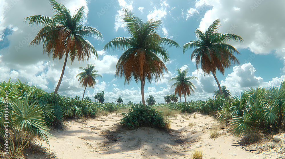 Obraz premium Lush tropical beach landscape with palm trees, sand, and vegetation under a partly cloudy sky.