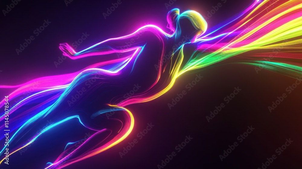 Abstract colorful female figure in dynamic pose, glowing lines. Abstract colorful female figure in dynamic pose, glowing lines.