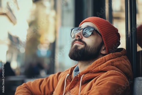 A relaxed man with a beard enjoys the sunshine while seated in a bustling city. photo