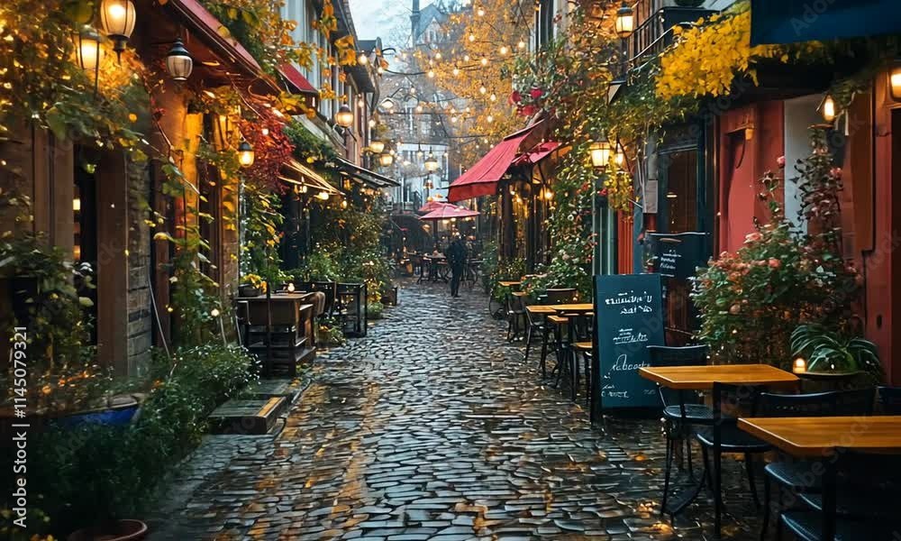 A charming cobblestone alley lined with caf?s and vibrant foliage, evoking a cozy atmosphere. A charming cobblestone alley lined with caf?s and vibrant foliage, evoking a cozy atmosphere.