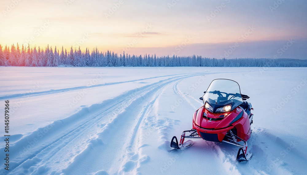 Snowmobile adventure on frozen lake at sunset in winter landscape Snowmobile adventure on frozen lake at sunset in winter landscape