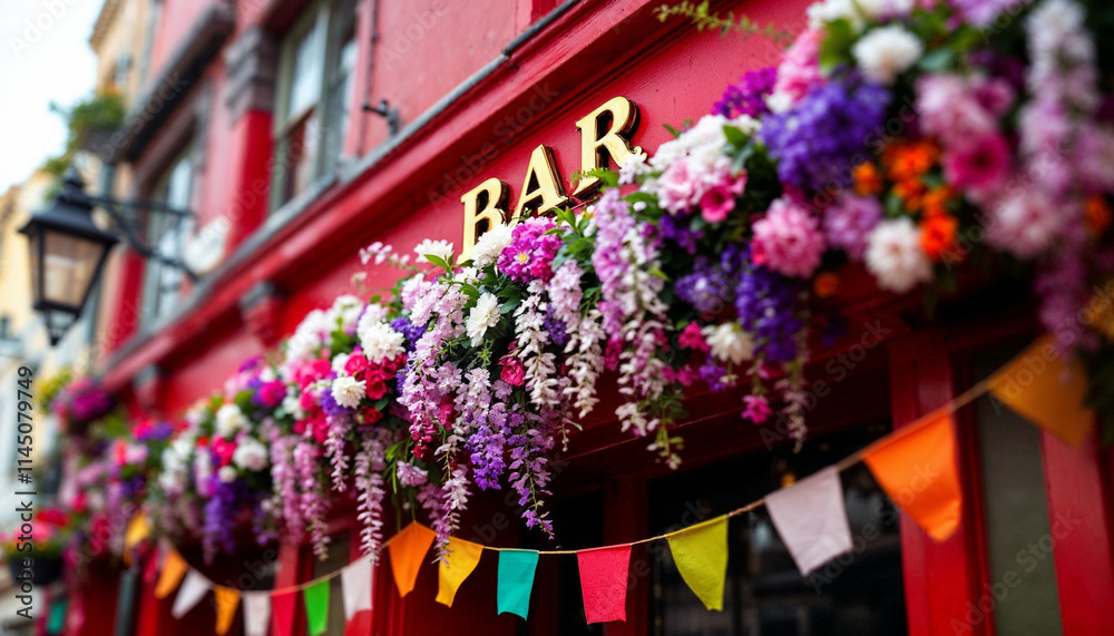 Fototapeta premium Vibrant bar facade adorned with colorful flowers and festive decorations in a lively street