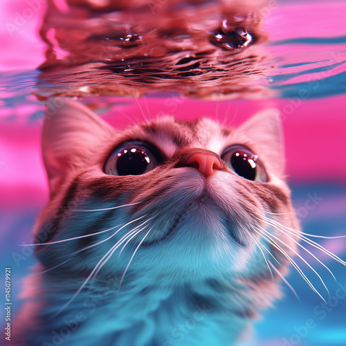 a gray-white cat under the water wants to emerge, the background is pastel purple with blue.Generative AI photo