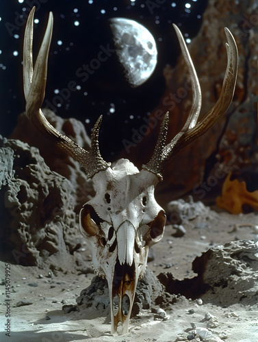 Deer skull with antlers in a desert under moon and stars. Halloween, spooky, mystic theme. Design, card, poster. View: full shot photo