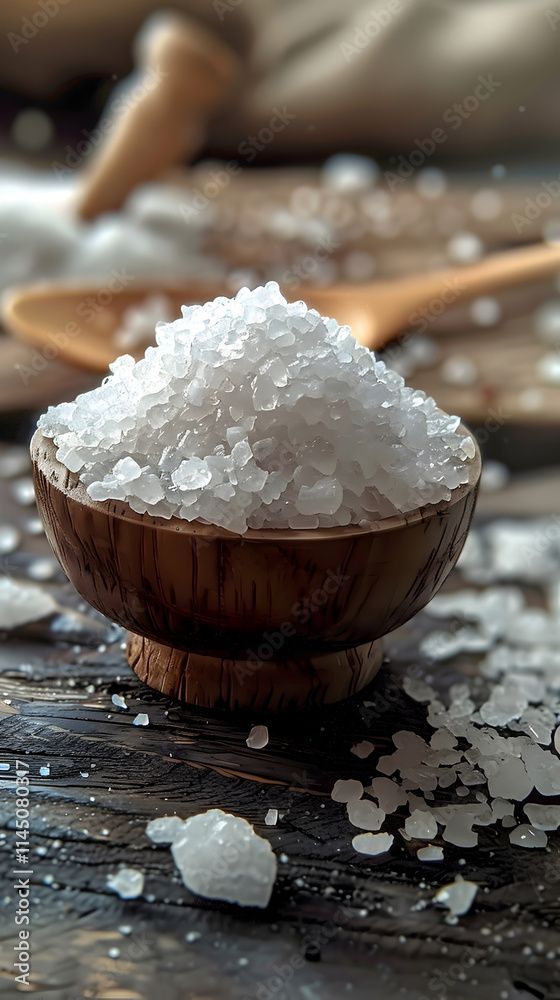 White sea salt in wood bowl on wood. Food ingredient. For menu, print, design. Close up. White sea salt in wood bowl on wood. Food ingredient. For menu, print, design. Close up.