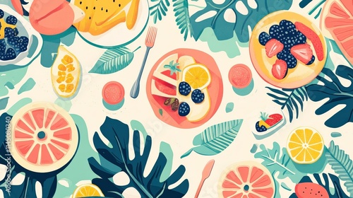 Vibrant Summer Picnic with Fresh Fruits and Tropical Leaves Featuring an Aesthetic Arrangement of Colorful Plates and Refreshing Ingredients on a Bright Background photo