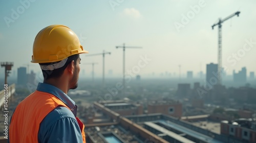 Um trabalhador da construção civil, de costas, olhando em direção à sua obra
