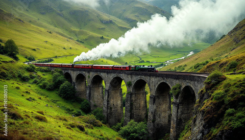 Steam train travels across a historic viaduct amidst lush green hills and flowing river