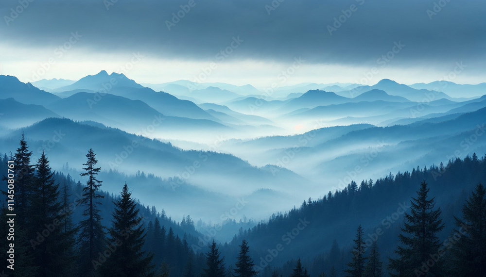 Majestic blue mountains enveloped in mist at dawn in a tranquil forest landscape Majestic blue mountains enveloped in mist at dawn in a tranquil forest landscape