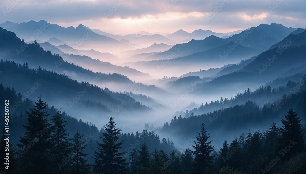 Obraz premium Dramatic twilight over misty mountain landscape with serene valleys and fir trees