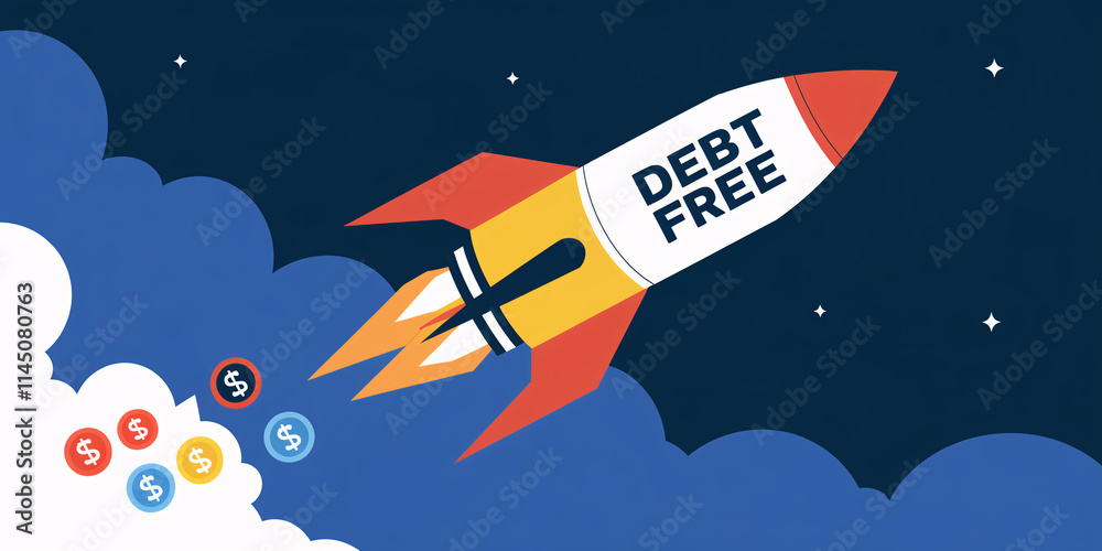Naklejka premium Debt Free printed on a rocket launching into the sky, leaving colorful dollar signs behind, symbolizing financial progress and freedom from burdens.