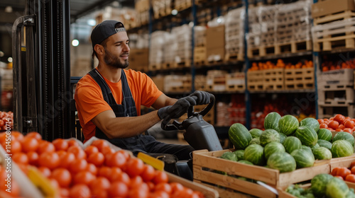 Worker operating a forklift with fresh produce in a warehouse during daytime hours in a bustling food distribution center