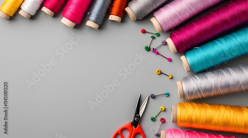 Colorful spools of thread, scissors, and pins arranged on grey background. Flat lay composition with copy space. Sewing and crafts concept. Design for banner, poster, invitation, greeting card