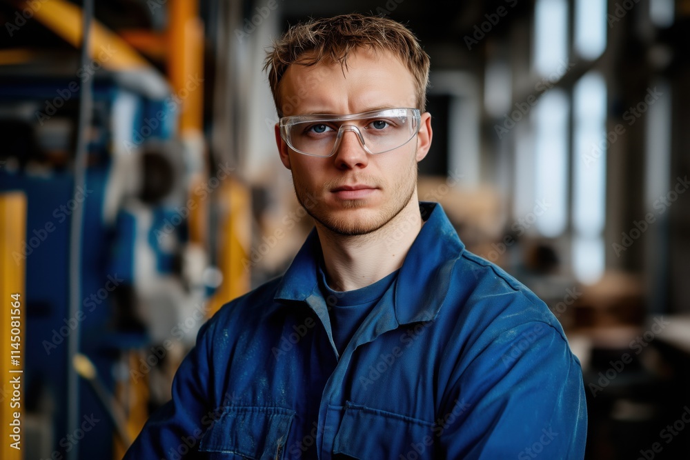 Portrait of male worker wearing safety goggles and blue coveralls, standing in what appears to be a workshop environment. Background shows various tools and equipment