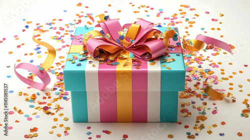 A colorful gift box adorned with confetti.