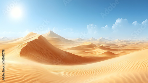 Sunny desert landscape with sand dunes under a bright sky.