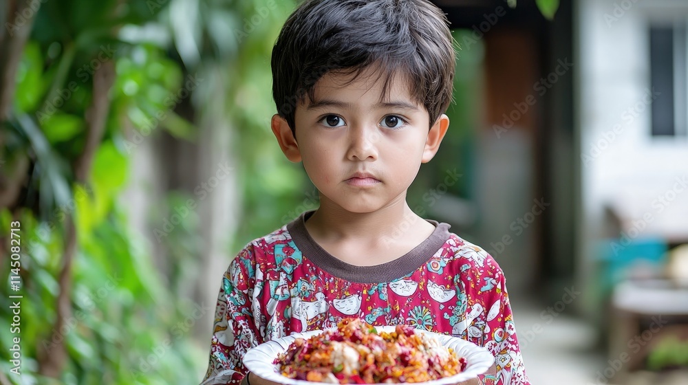 Young boy holding a plate of food outdoors. Young boy holding a plate of food outdoors.