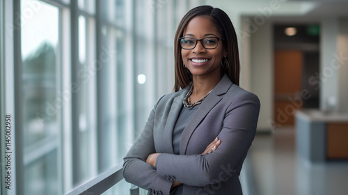 Confident Black Businesswoman in Modern Office Environment with Arms Crossed