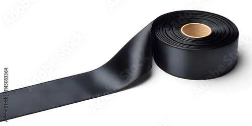 Black satin ribbon roll unwinding on white background photo