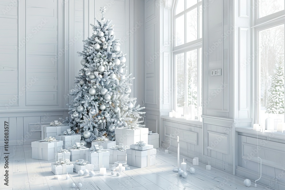 Beautifully decorated Christmas tree with sparkling ornaments and wrapped gifts below