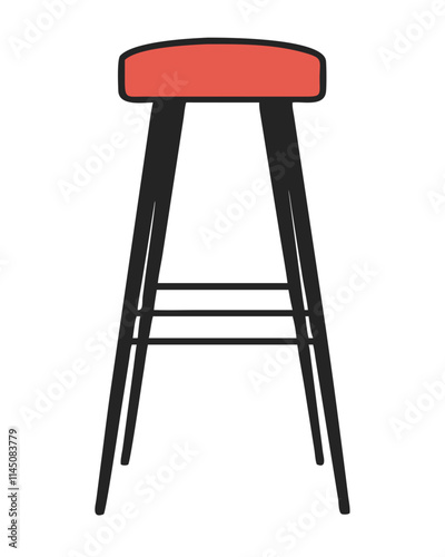 Tall wooden bar stool with padded seat standing on white background. Tall bar stool with four legs and padded seat, furniture for bars, pubs, restaurants, cafes
