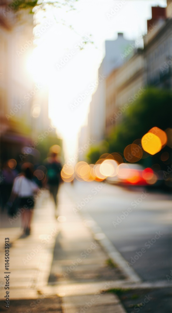 Blurred image of a city street with people walking on the sidewalk Blurred image of a city street with people walking on the sidewalk