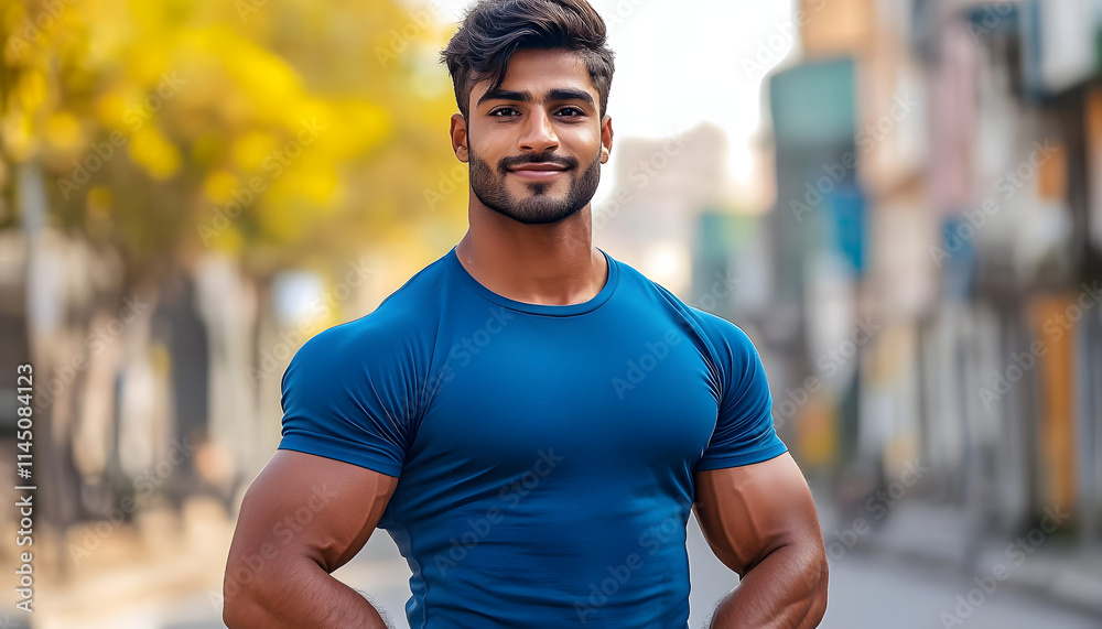 young indian muscular man in a blue t-shirt posing on the street young indian muscular man in a blue t-shirt posing on the street