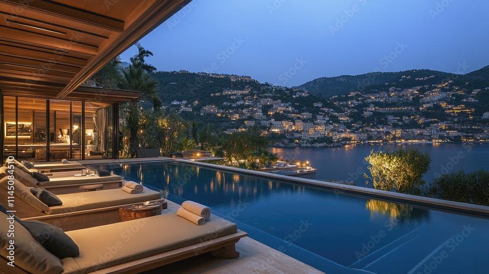 Fototapeta premium Luxurious Villa Infinity Pool Overlooking Night Cityscape