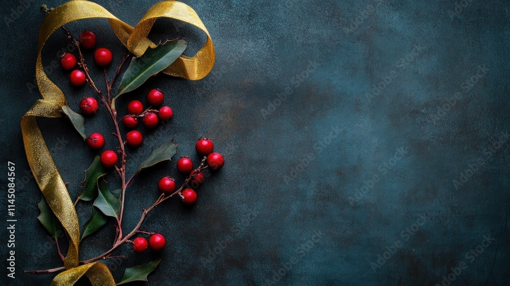 Festive red berries and gold ribbon on dark background. Festive red berries and gold ribbon on dark background.