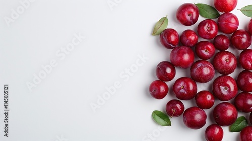 Fresh red plums with green leaves on a white background, minimalistic and clean fruit composition, isolated with copy space for text, organic and ripe produce, vibrant and healthy food photography.


