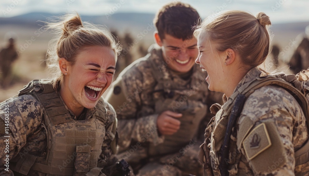 Cheerful us army soldiers laughing together during training exercise Cheerful us army soldiers laughing together during training exercise