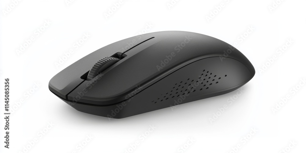 A sleek black computer mouse sits on a clean surface. It features a smooth design with a scroll wheel and ergonomic shape. Perfect for gaming or everyday use. AI A sleek black computer mouse sits on a clean surface. It features a smooth design with a scroll wheel and ergonomic shape. Perfect for gaming or everyday use. AI