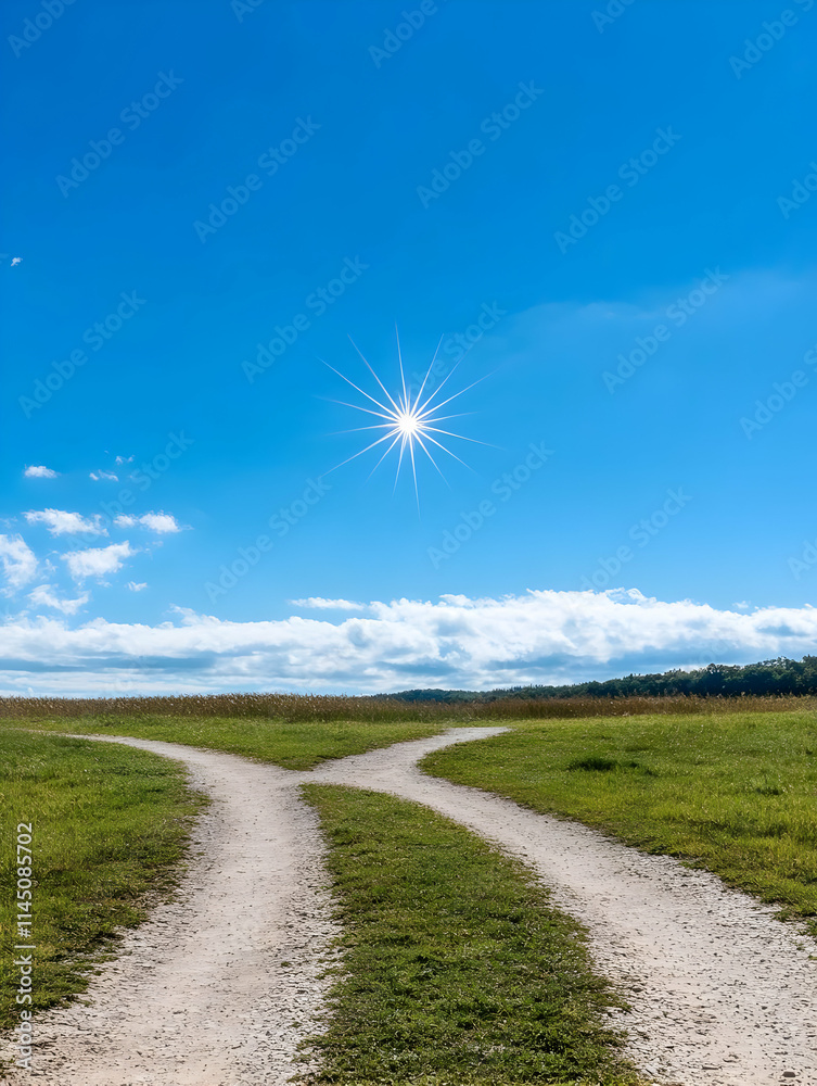 Two Paths Diverge in a Green Meadow under a Bright Sunny Sky with Inspiration and Motivation Themes. Two Paths Diverge in a Green Meadow under a Bright Sunny Sky with Inspiration and Motivation Themes.