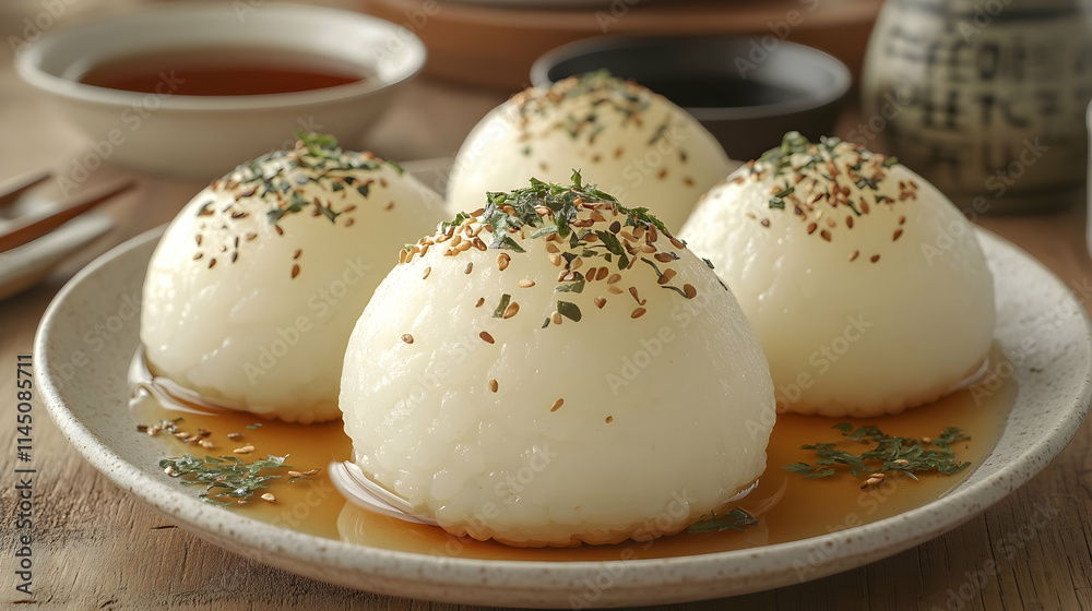 Soft rice dumplings drizzled with sauce and herbs. Soft rice dumplings drizzled with sauce and herbs.